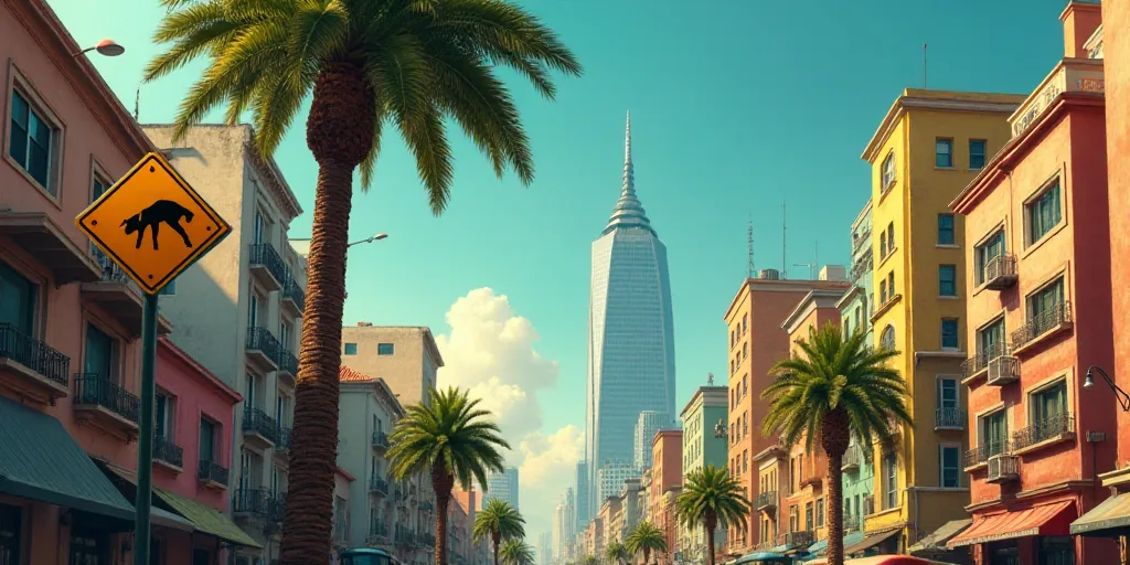 a city with tall buildings and a street sign in front of it with a palm tree in the foreground, Dieg