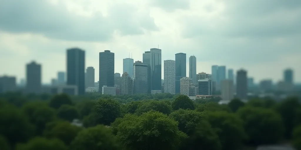 a city with tall buildings and a lot of trees in the foreground and a cloudy sky in the background,