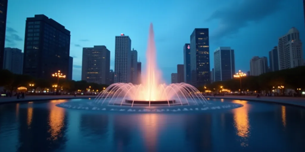 a city with tall buildings and a fountain in the middle of it at dusk time with a blue sky, Carlos F