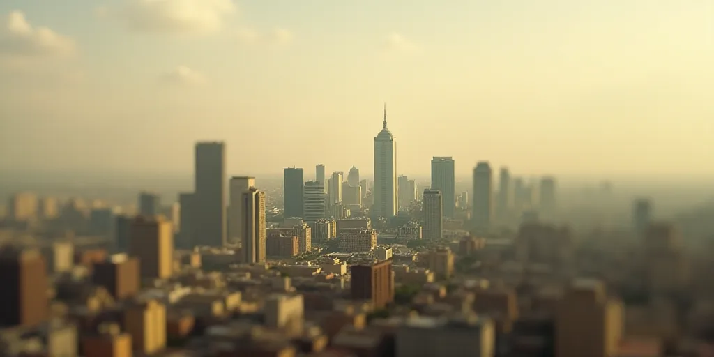 a city with tall buildings and a sky scraper in the background with a hazy sky in the foreground, Da