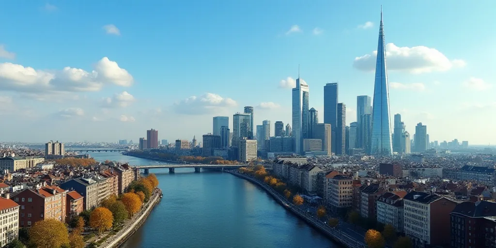 a city with tall buildings and a river in the background with a blue sky in the foreground and a few