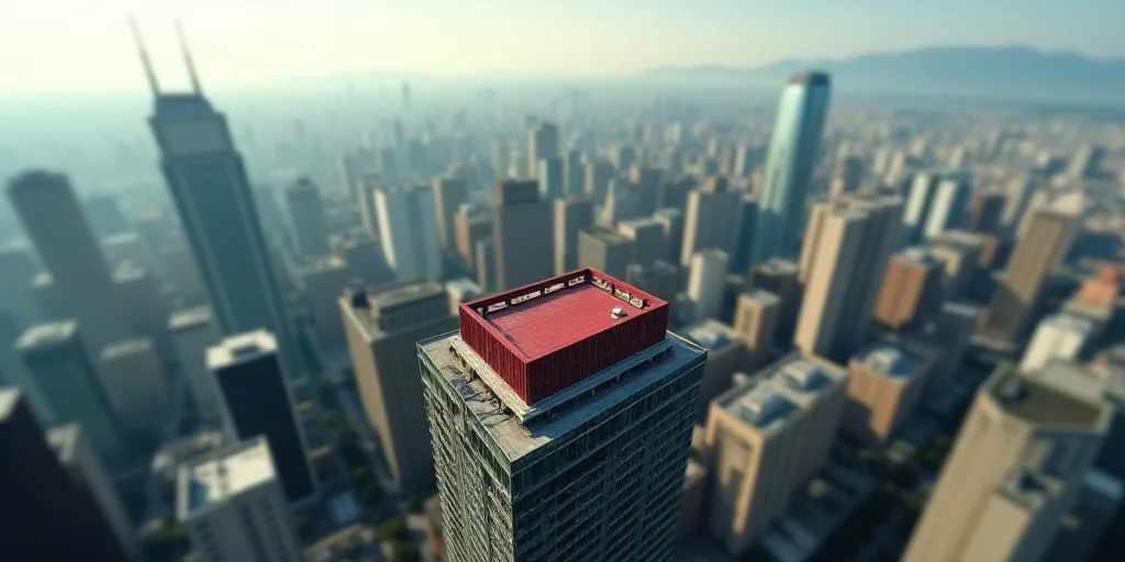 a city with tall buildings and a red roof top in the middle of the city, with a lot of tall building