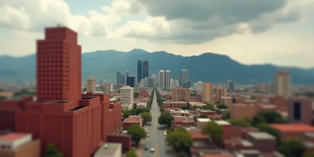 a city with tall buildings and mountains in the background, with a cloudy sky in the background, and