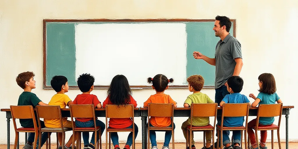 a classroom with a man standing in front of a whiteboard and a group of children sitting in chairs,