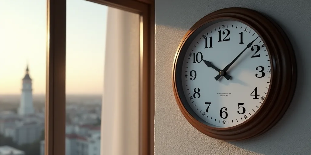 a clock that is on the side of a wall in a room with a window and a city view, Enguerrand Quarton, c