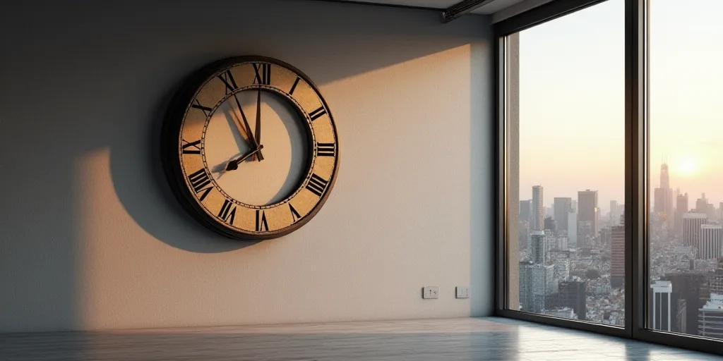 a clock that is on the side of a wall in a room with a window and a city view, Enguerrand Quarton, c