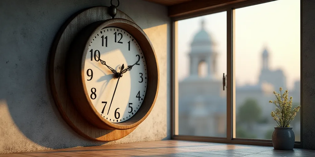 a clock that is on the side of a wall in a room with a window and a city view, Enguerrand Quarton, c