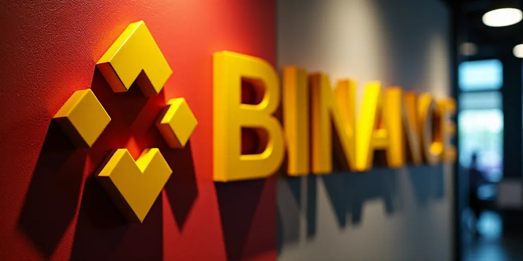 a close up of a binance logo on a wall with red and yellow colors and a bear and arrow, ESAO, 4k, a