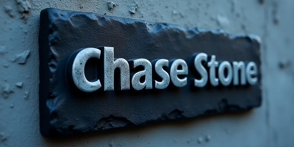 a close up of a black stone sign on a wall with a blue background and a black and white sign, Chase