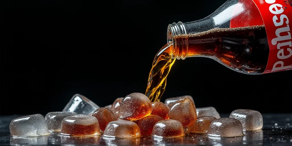 a close up of a bottle of soda being poured into ice cubes with a black background and a red cap, Do