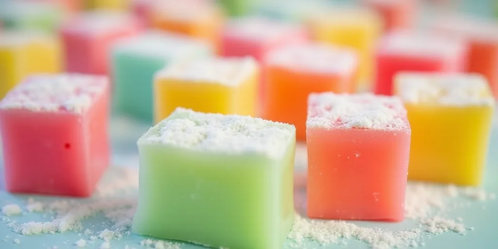 a close up of a bunch of different colored squares of food on a table with sugar on top of them, Chr
