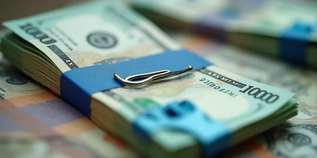 a close up of a bunch of money with a blue tag on it's side and a blue clip on the other side, Boles