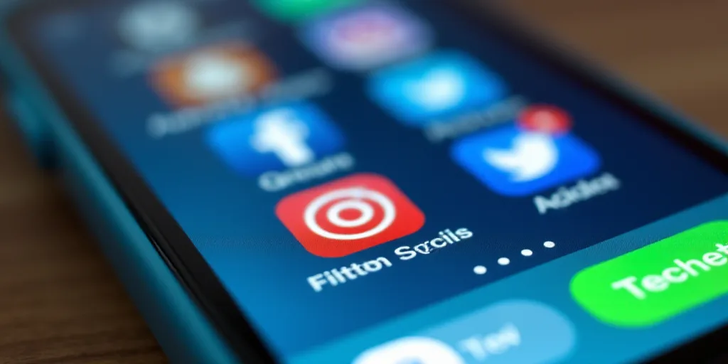 a close up of a cell phone with different social icons on it's screen and a green and blue button, B
