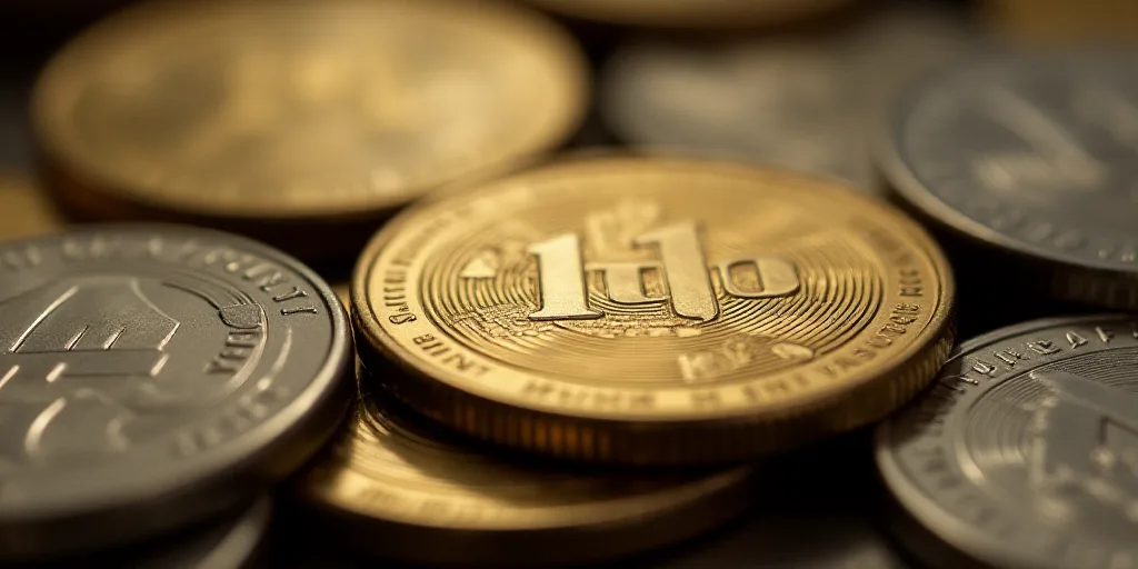 a close up of a coin with a lot of coins in the background and a blurry image of the coin, Aquirax U