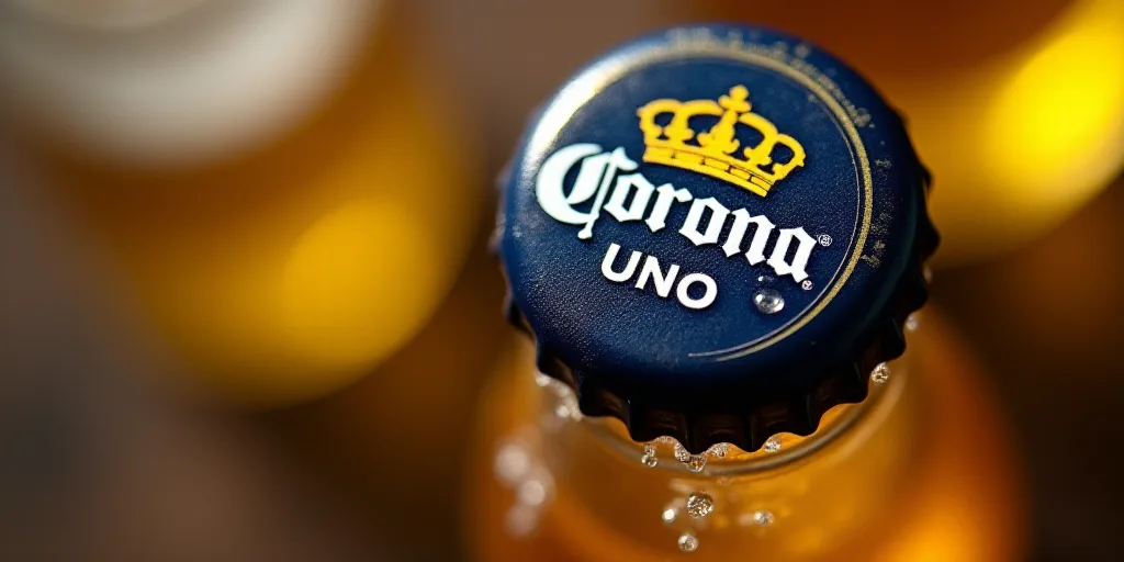 a close up of a corona beer bottle cap with bubbles coming out of it and a crown on top, Aquirax Uno