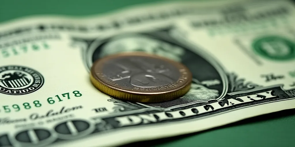 a close up of a one dollar bill with a coin on top of it and a green and white background, Aquirax U