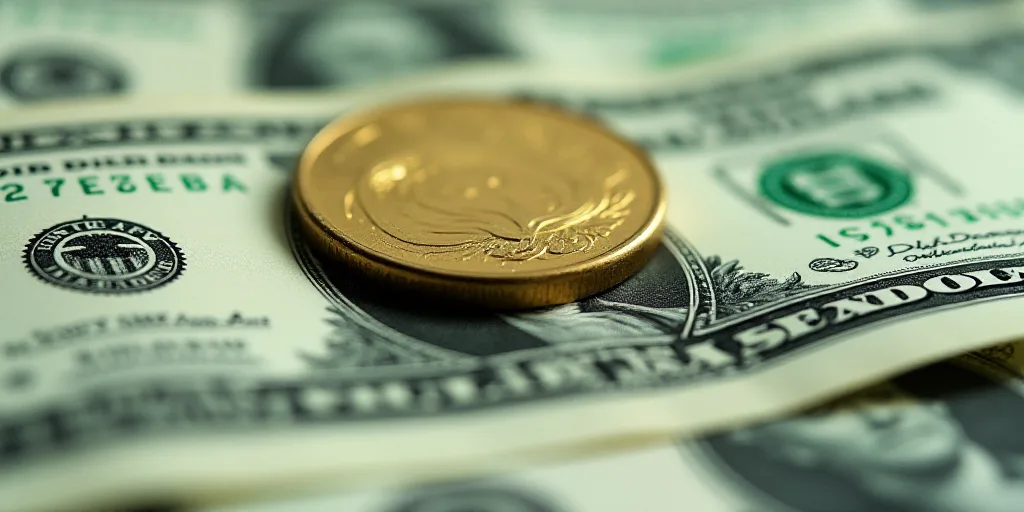 a close up of a one dollar bill with a coin on top of it and a green and white one dollar bill, Aqui