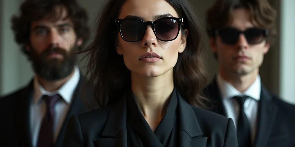 a close up of a person wearing sunglasses and a person wearing a suit and tie and a person wearing a