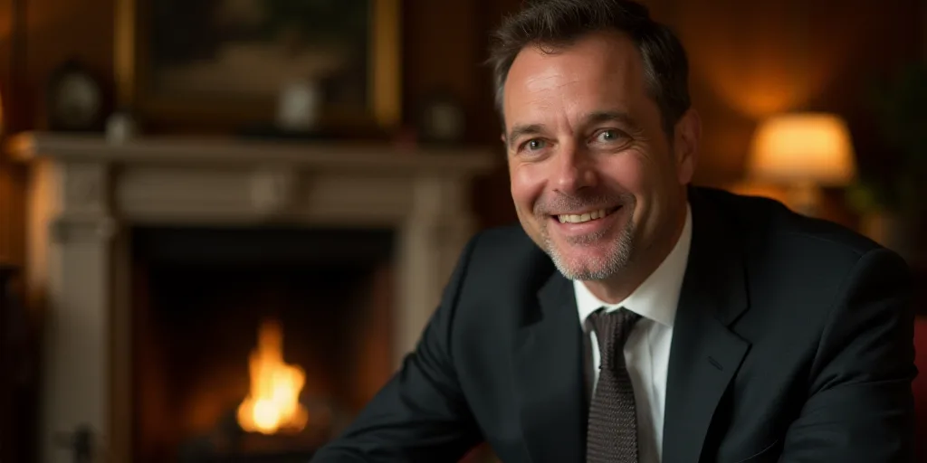 a close up of a person wearing a suit and tie smiling at the camera with a fireplace in the backgrou
