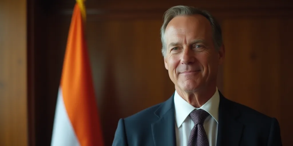 a close up of a person wearing a suit and tie with a flag in the background of a room, Donald Roller