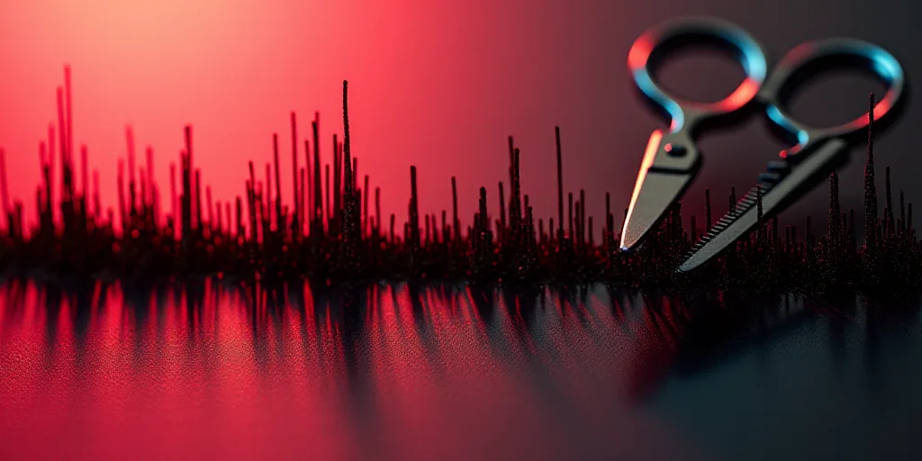 a close up of a sound wave on a piece of paper with a pair of scissors in it and a red and black bac