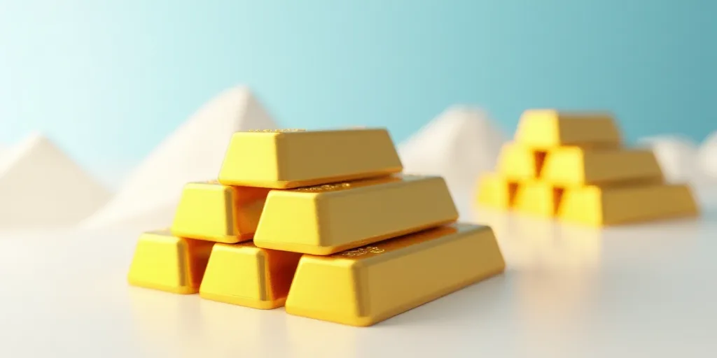 a close up of gold bars on a white background with a blue sky in the background and a few other gold