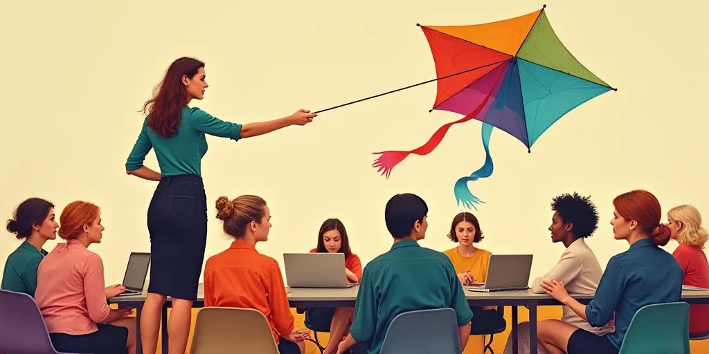 a collage of a woman holding a colorful kite in front of a group of women with laptops, Art & Langua