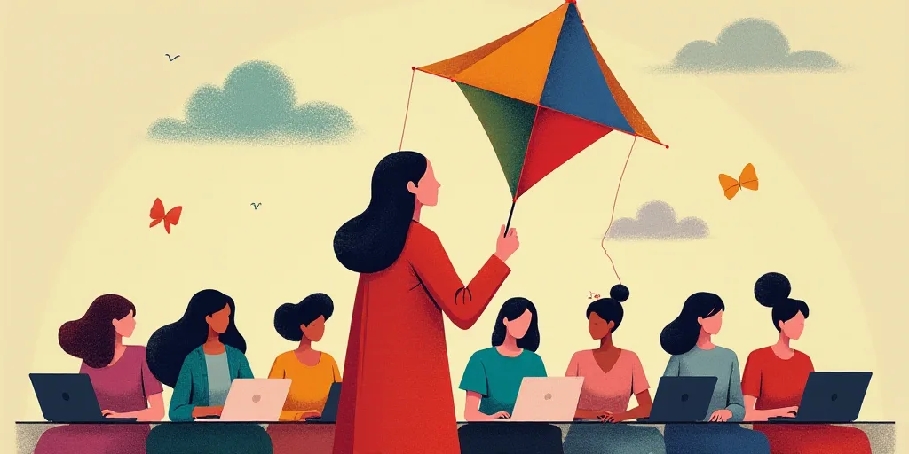 a collage of a woman holding a colorful kite in front of a group of women with laptops, Art & Langua