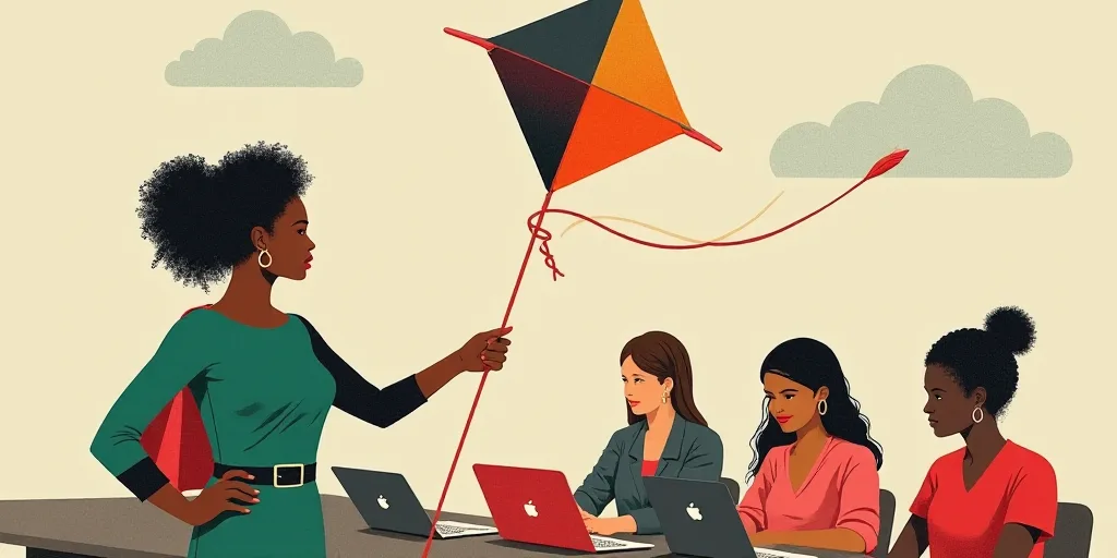 a collage of a woman holding a colorful kite in front of a group of women with laptops, Art & Langua