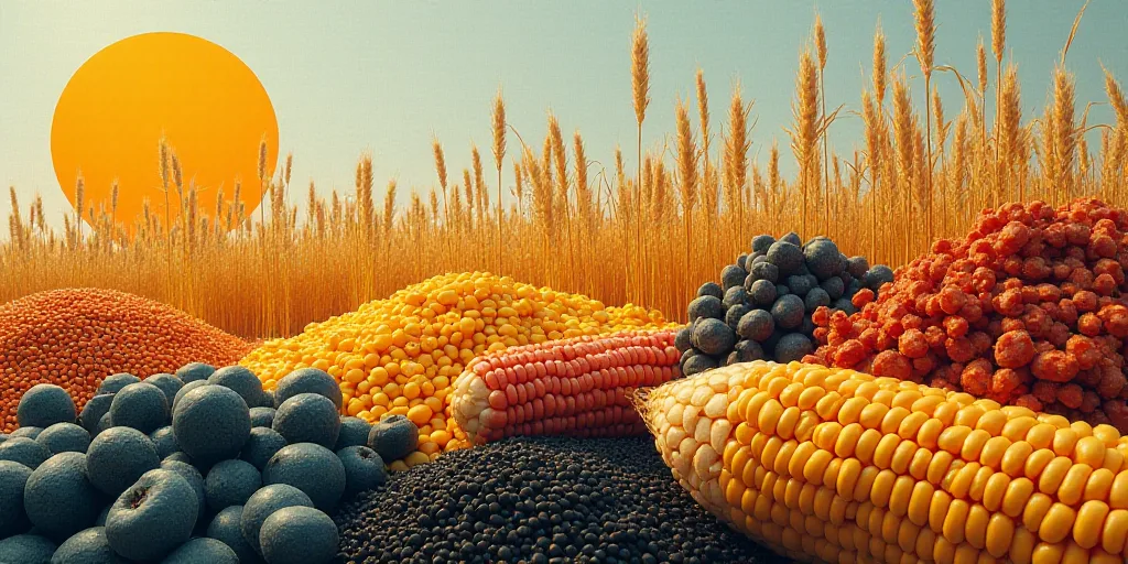 a collage of different items including corn, rice, and other items with a sound wave in the backgrou