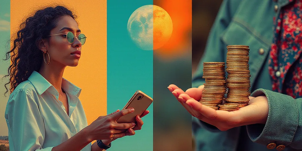 a collage of images with a woman holding a cell phone and a stack of coins in her hand, Avgust Čern