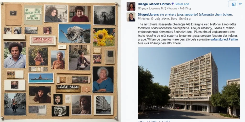 a collage of images with the words laseman en indicateres on them and a picture of a building, Diego