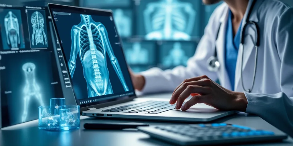 a collage of medical images with a doctor and a laptop and a calculator and a pen, Évariste Vital L