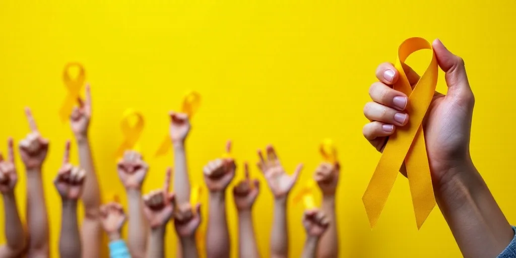 a collage of people holding up yellow ribbons and a hand holding a yellow ribbon with a yellow backg