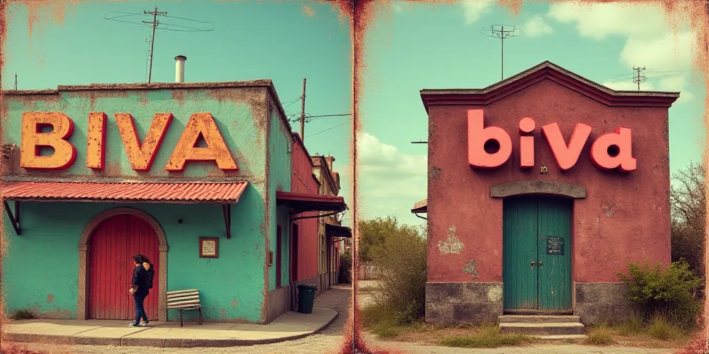 a collage of photos of a building and a sign for biva in mexico and a picture of a building with a s