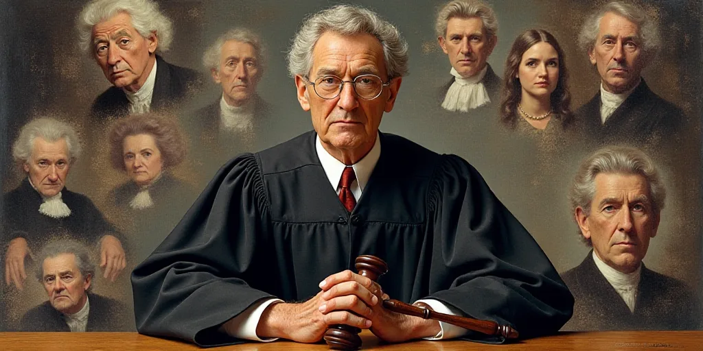 a collage of photos with a judge and a judge's hammer in the middle of the image, Enguerrand Quarton