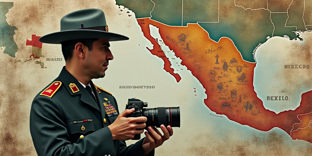 a collage of pictures with a man in uniform and a camera and a map of the country of mexico, Estuard