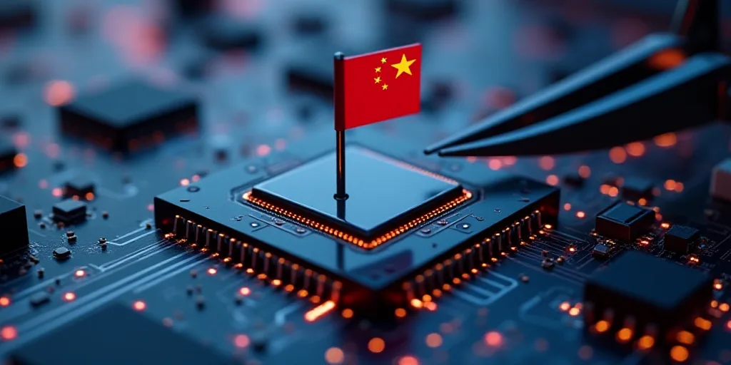 a computer chip with a flag on it being sold by a pair of scissors on top of it with a computer chip