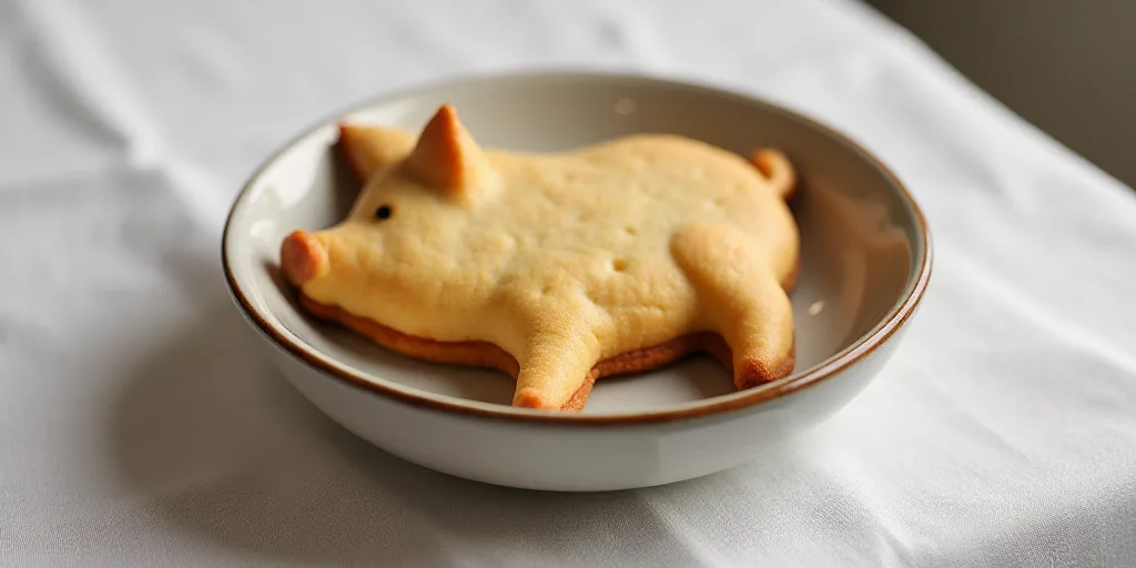a cookie shaped like a pig in a bowl on a tablecloth background with a white tablecloth and a white