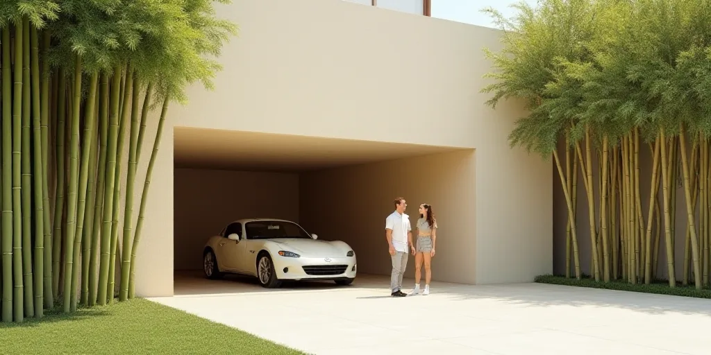 a couple of people standing in a garage next to a car and a building with bamboo trees on the side o