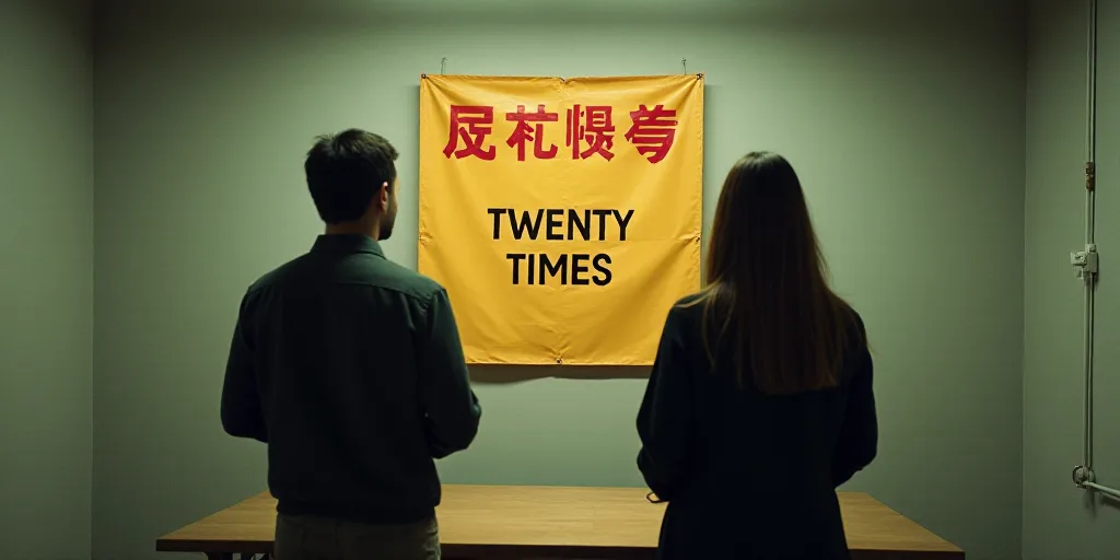 a couple of people that are standing in a room with a sign on it that says twenty times on it, Fan K