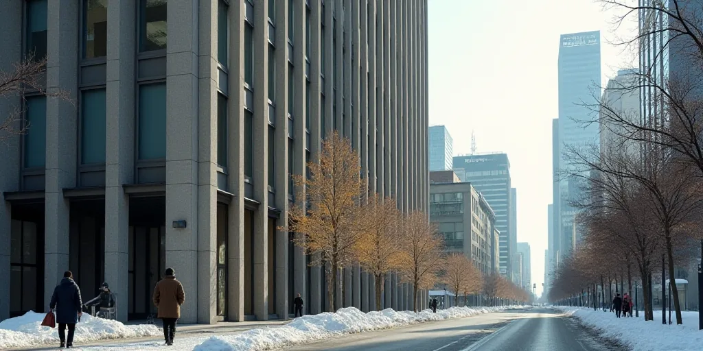 a couple of people walking down a street next to a tall building with a sign on it that says toronto