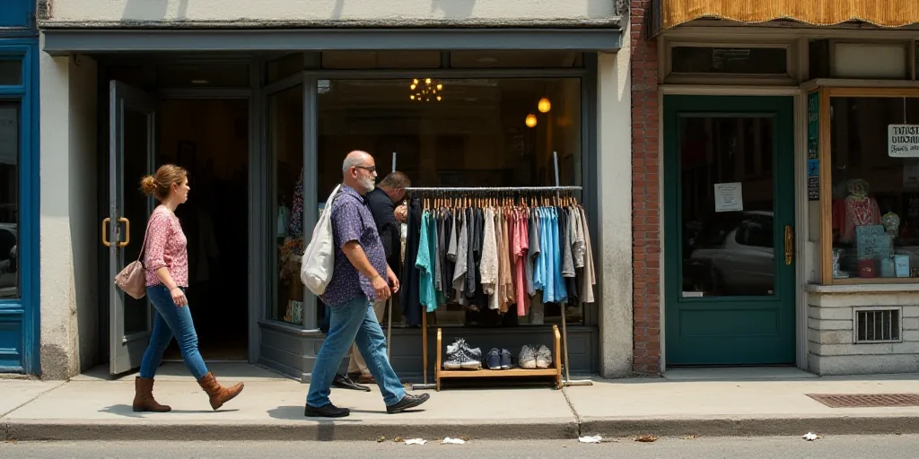 a couple of people walking down a street next to a store front with clothing hanging on a rack and a