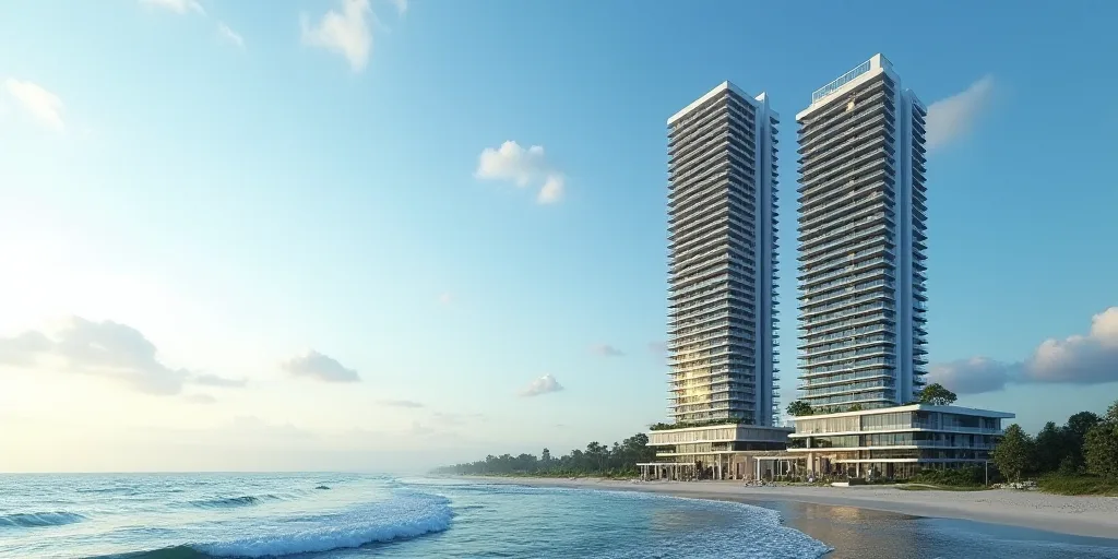 a couple of tall buildings sitting next to each other on a beach near the ocean with a sky backgroun
