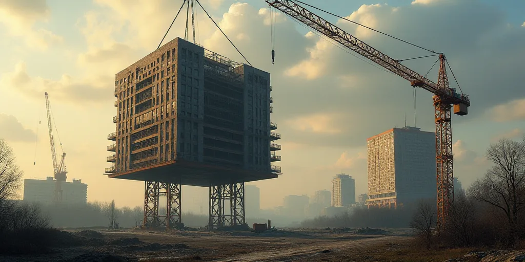 a crane is lifting a building up into the air with a crane on it's side and a building in the backgr