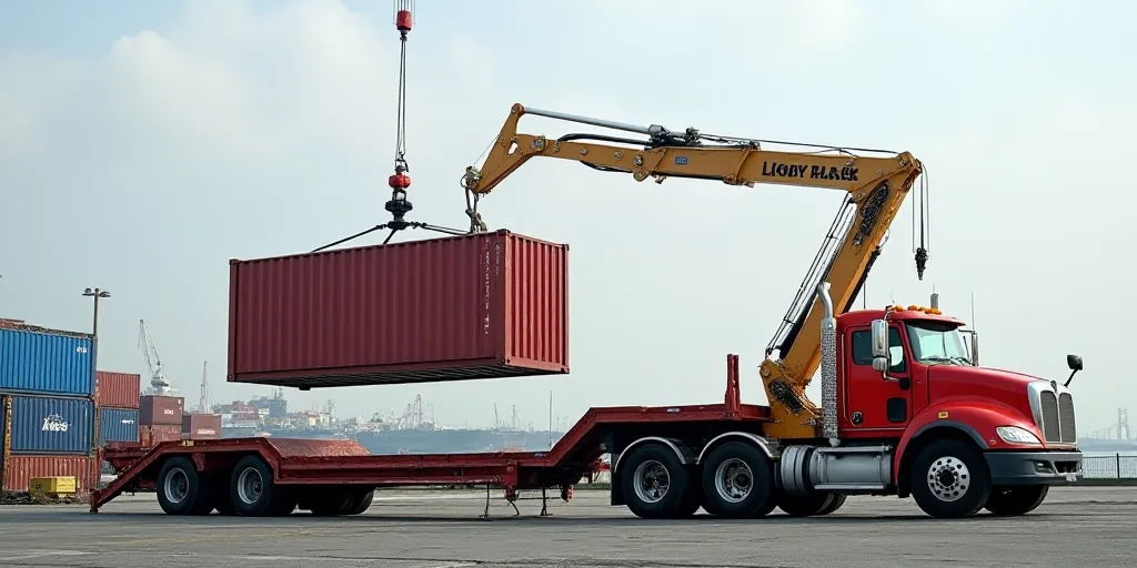 a crane is lifting a container onto a truck bed in a harbor area with a crane nearby on the truck, A