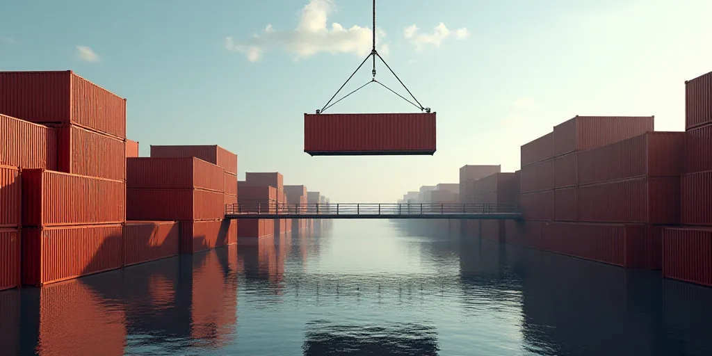 a crane is lifting a large container onto a bridge over a river of containers that are stacked high