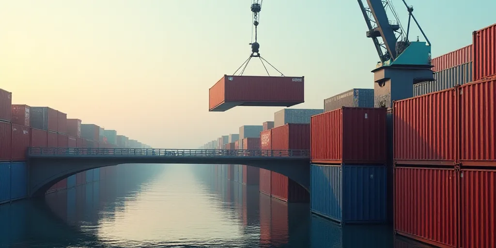 a crane is lifting a large container onto a bridge over a river of containers that are stacked high