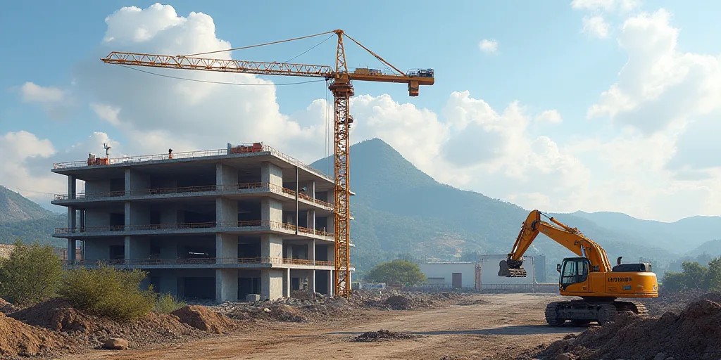 a crane is parked in a construction site with a hill in the background and a building under construc