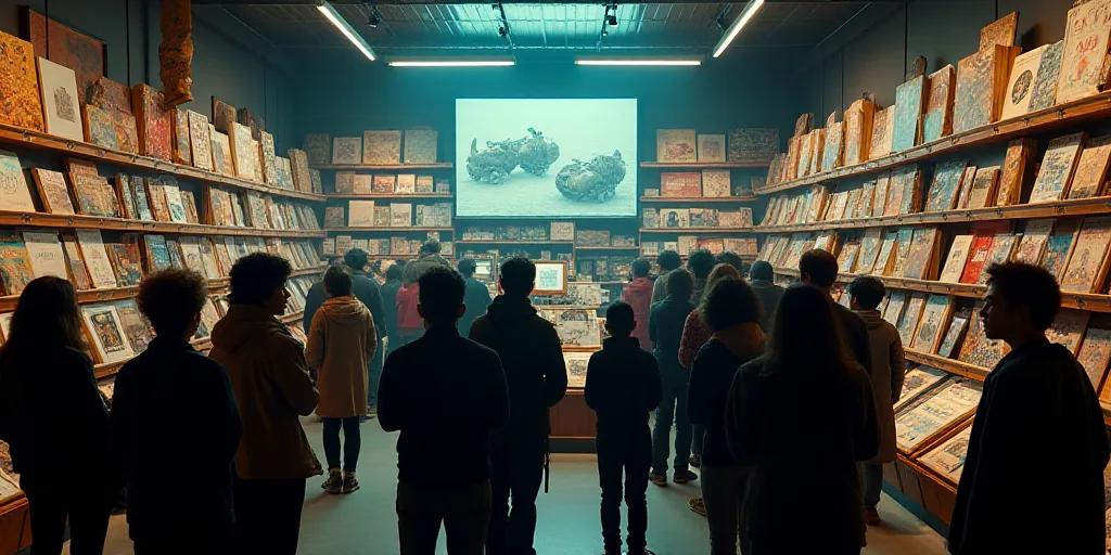 a crowd of people standing around a store filled with books and toys and a tv screen in the corner,